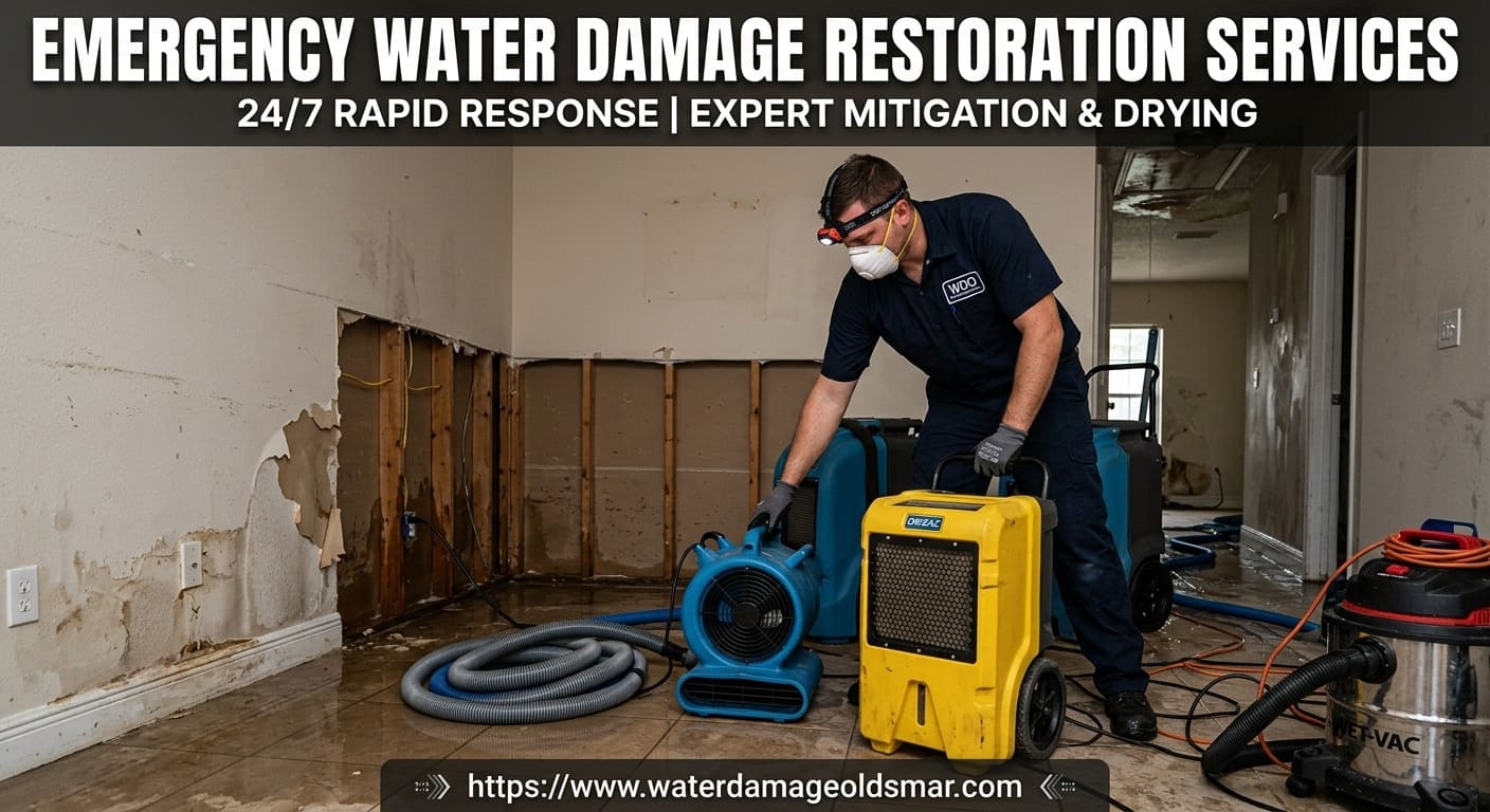 Emergency water damage extraction crew working inside an Oldsmar, FL home